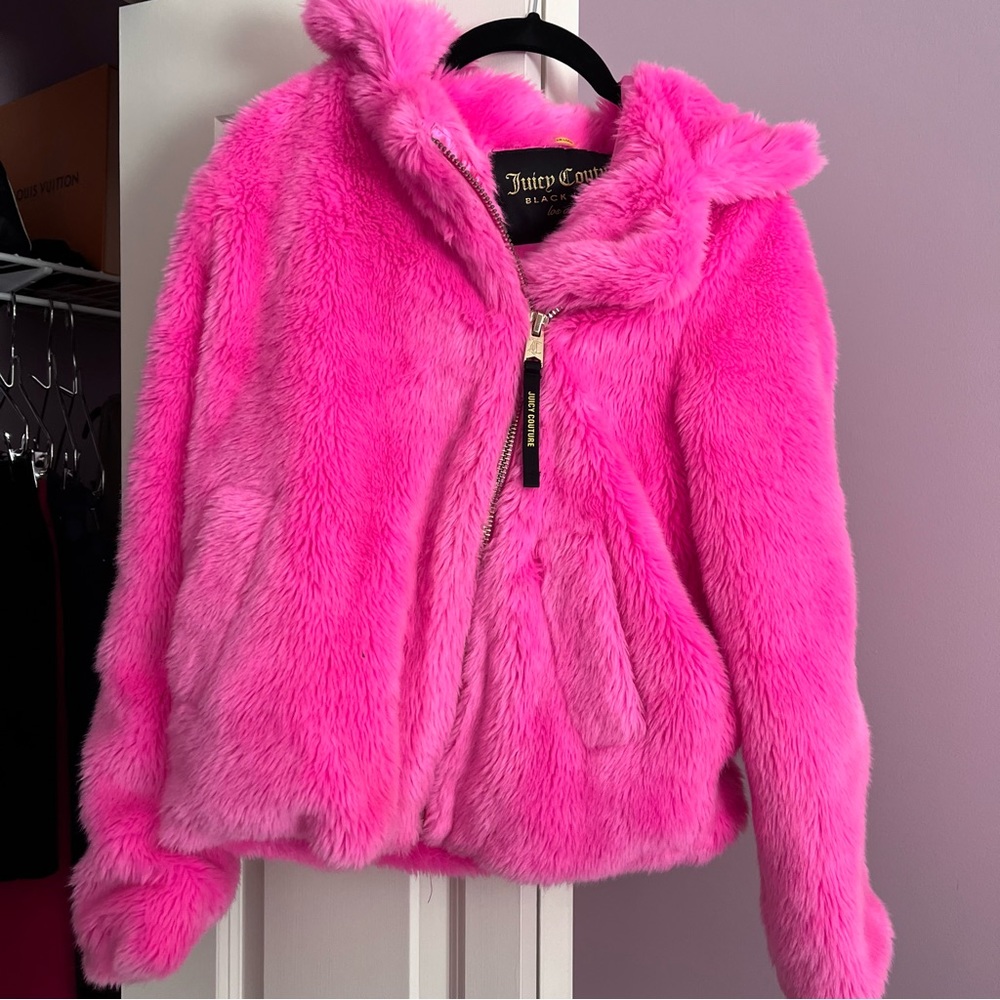 Juicy Couture black label faux fur pink coat NWOT
